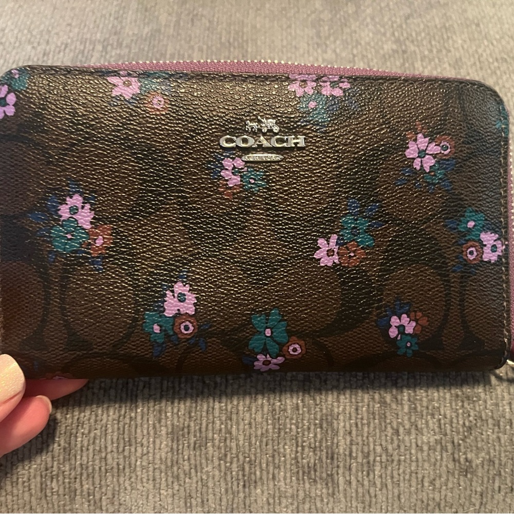 Coach Brown Wallet with Purple and Green Floral Design